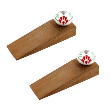 2 Pieces White Red Floral Crackle Ceramic Wooden Door Stopper